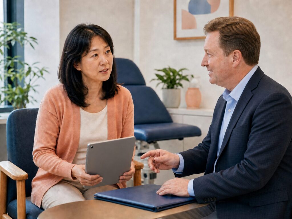 Patient discussing GI health with Dr. Peter Billing in a medical consultation office