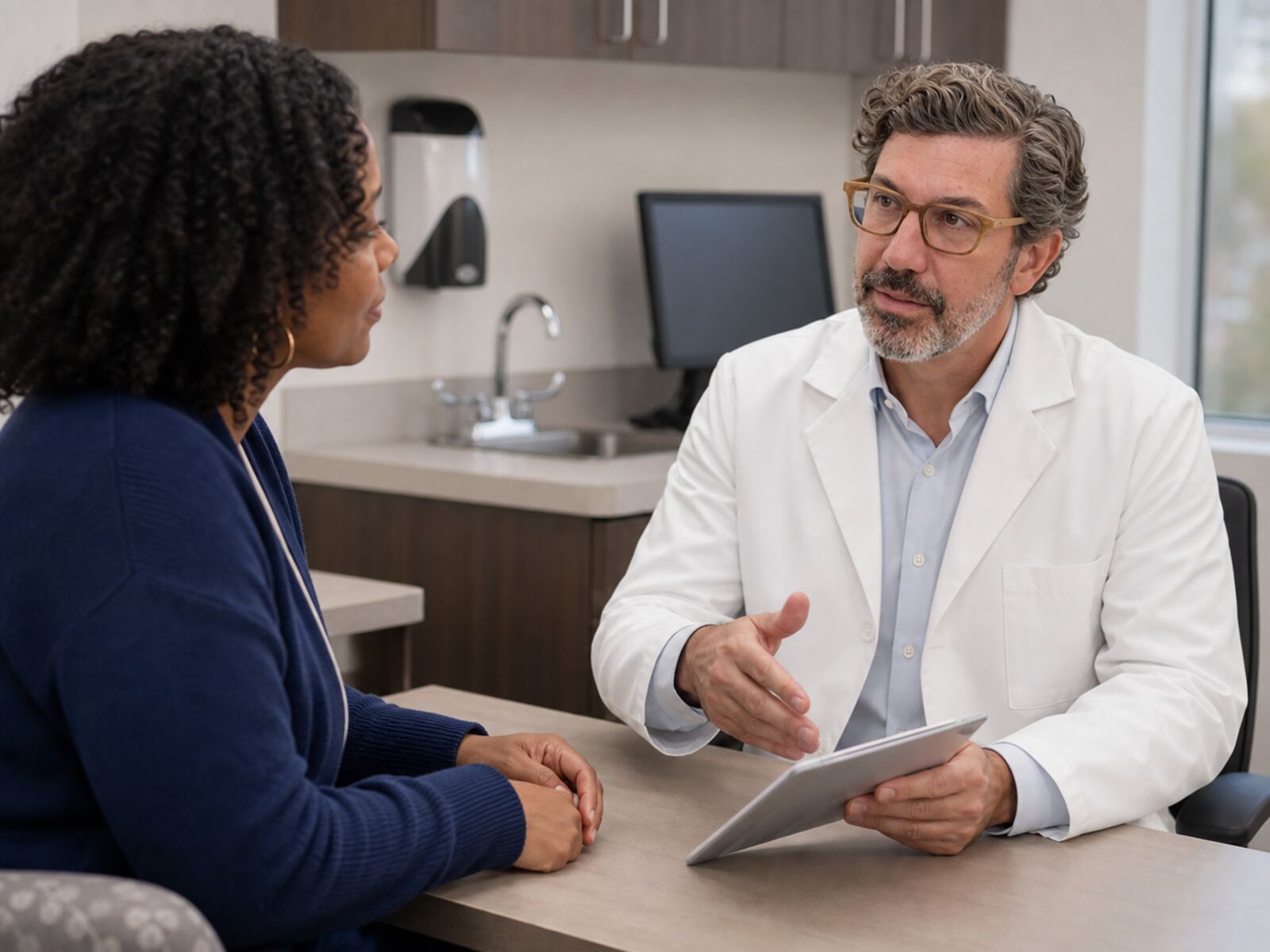 Patient consulting with Dr. Richard Rosenfield in a womens health clinic