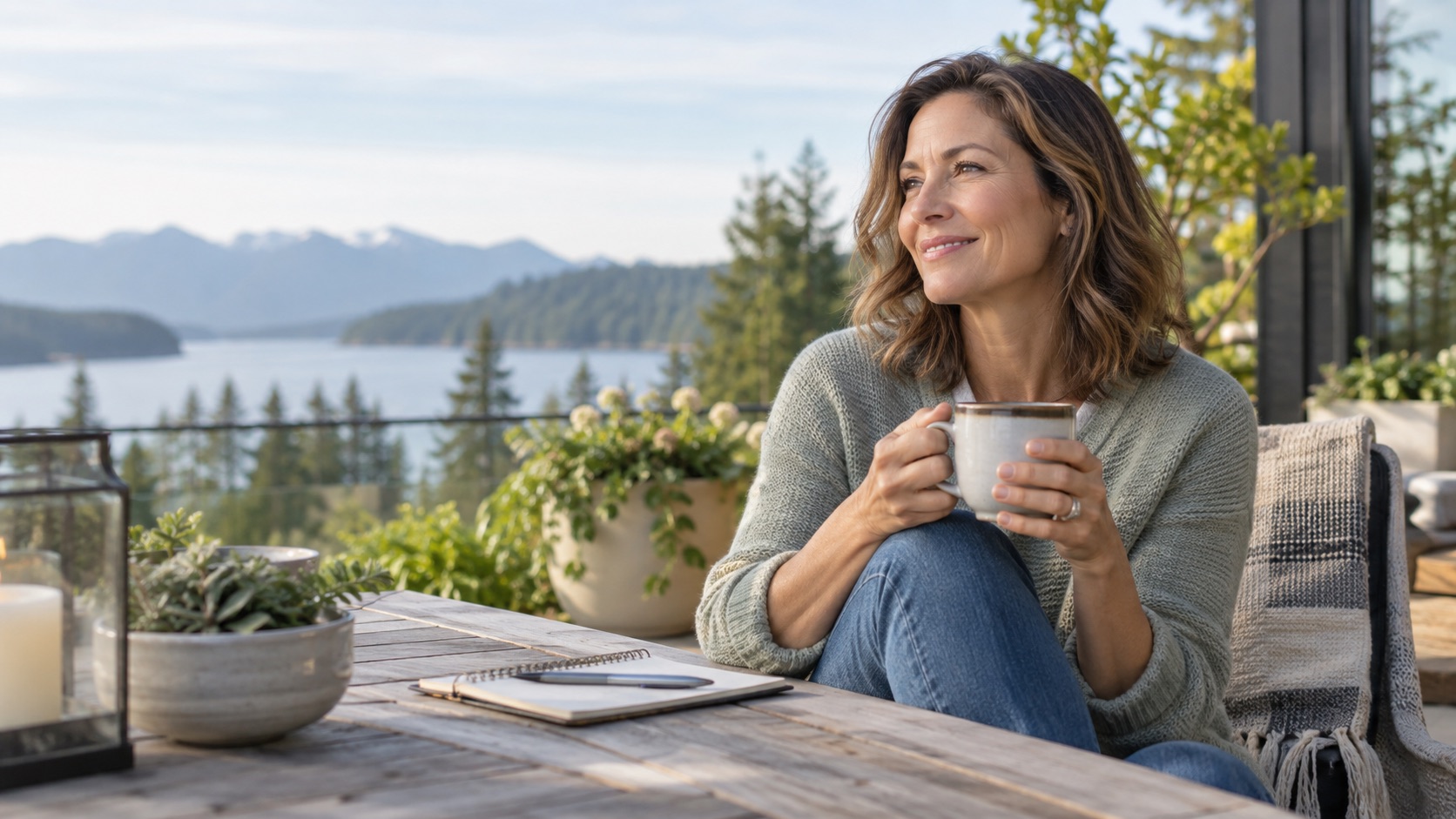 Woman enjoying coffee on an outdoor patio